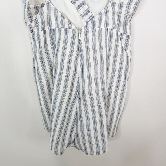 Lunik Small S Blue Cream Striped Button Detail Romper Cotton Blend VNeck Pockets - Picture 8 of 11